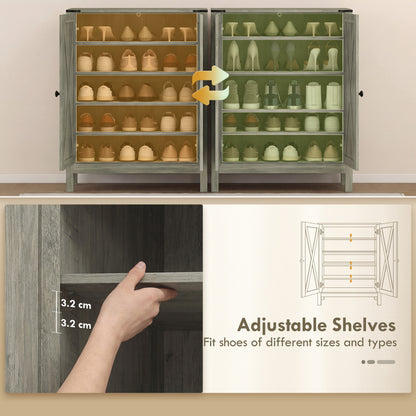 Shoe Cabinet with Barn Doors, Farmhouse Shoe Storage Cabinet with Adjustable Shelves, Holds up to 15 Pairs, Grey