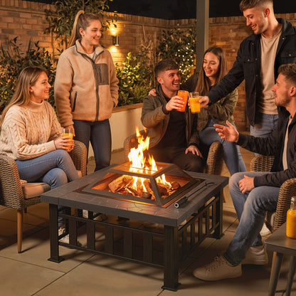 34" Outdoor Square Firepit Steel Stove Portable with Spark Screen Cover Log Grate Poker and Rain Cover for Outside Wood Burning and Camping Black