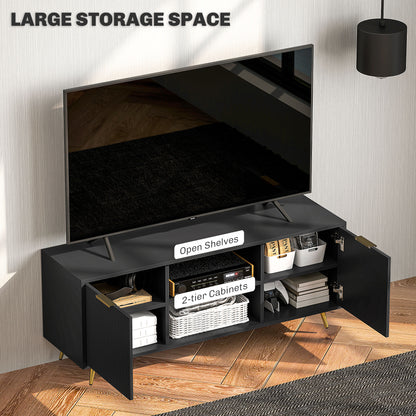 TV Stand with Storage for 55 Inch TV, Modern TV Cabinet with 2 Open Shelves and 2 Cabinets for Living Room, Black