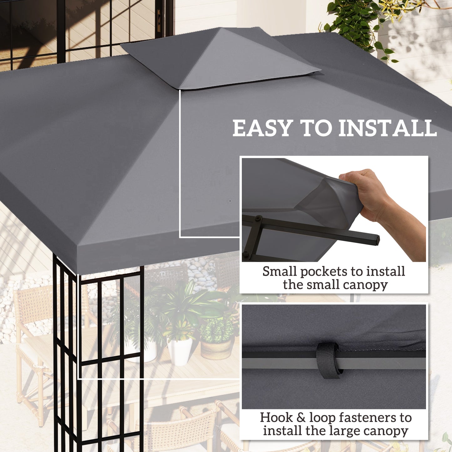 10' x 10' Square 2-Tier Gazebo Canopy Replacement Top Cover Outdoor Garden Sun Shade, Dark Grey