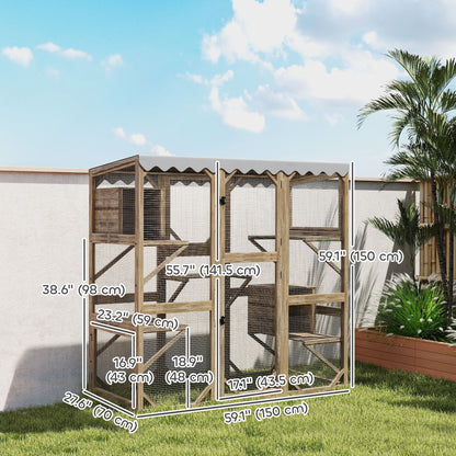 Wooden Catio Outdoor with Window Access, Waterproof Cover, Relaxing Condo, 5 Platforms, Doors, 59" x 28" x 59", Brown