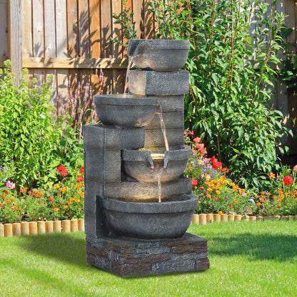 30" Tall Outdoor Water Fountain with LED Lights, 4-Tier Resin Cascading Bowls Garden Fountain Waterfall Fountain with Pump, Grey