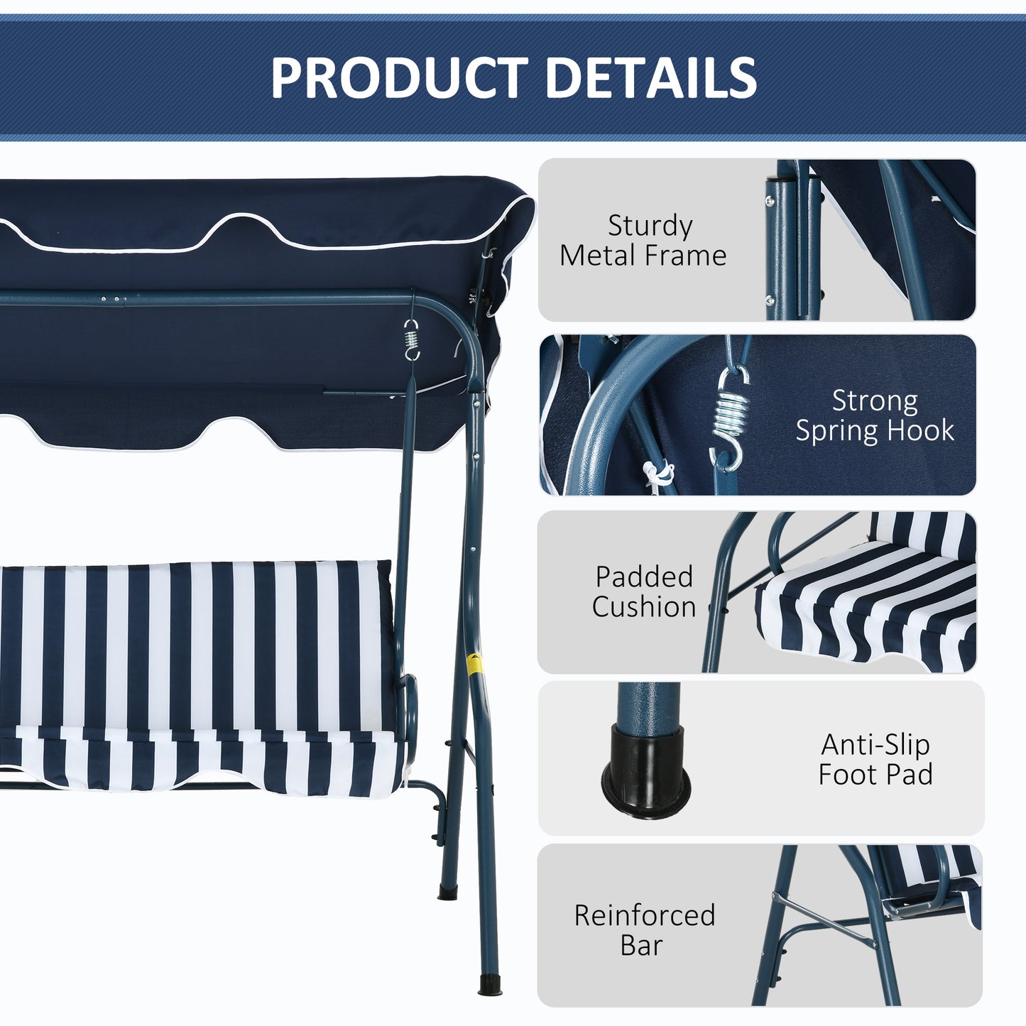 Outdoor Porch Swing with Adjustable Canopy, 3-Seater Patio Swing Chair with Cushion, Blue