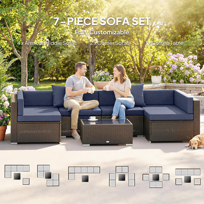 7pc Garden Wicker Sectional Set w/ Tea Table Patio Rattan Lounge Sofa Outdoor Deck Furniture Navy Blue