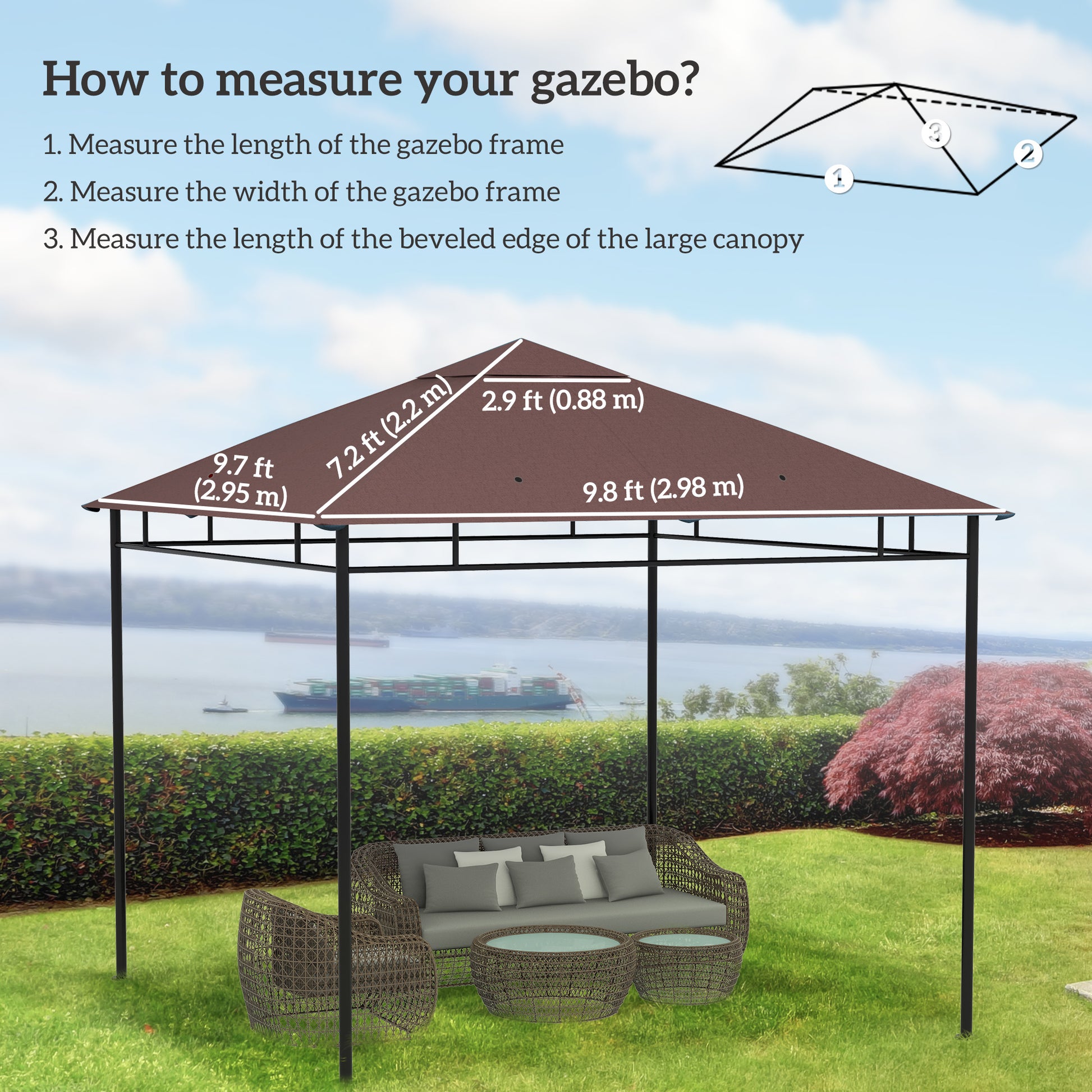 10' x 10' Square Gazebo Canopy Replacement UV Protected Top Cover Sun Shade Coffee