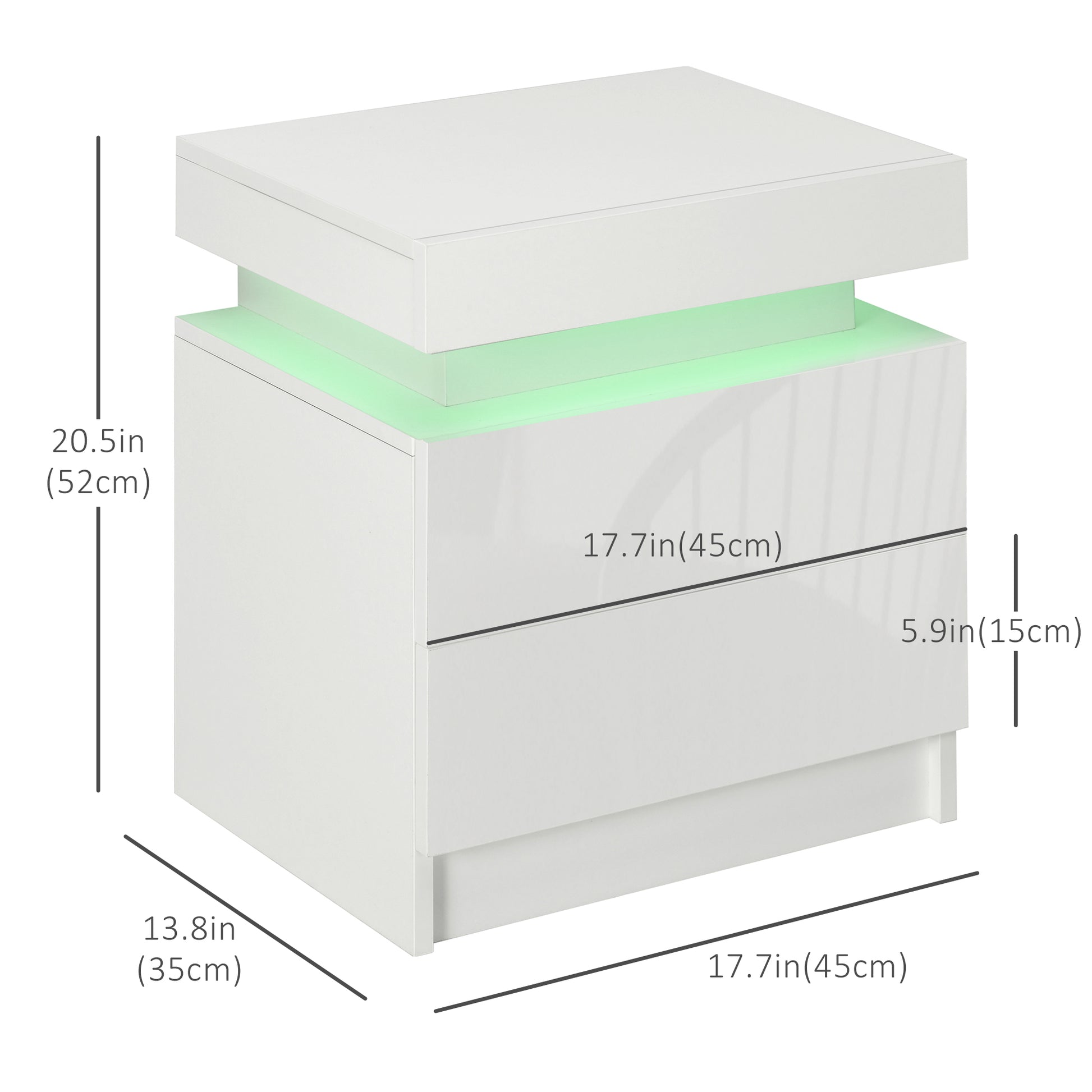 Nightstand, Bedside Table with LED Lights and 2 Drawers for Bedroom, Living Room, White