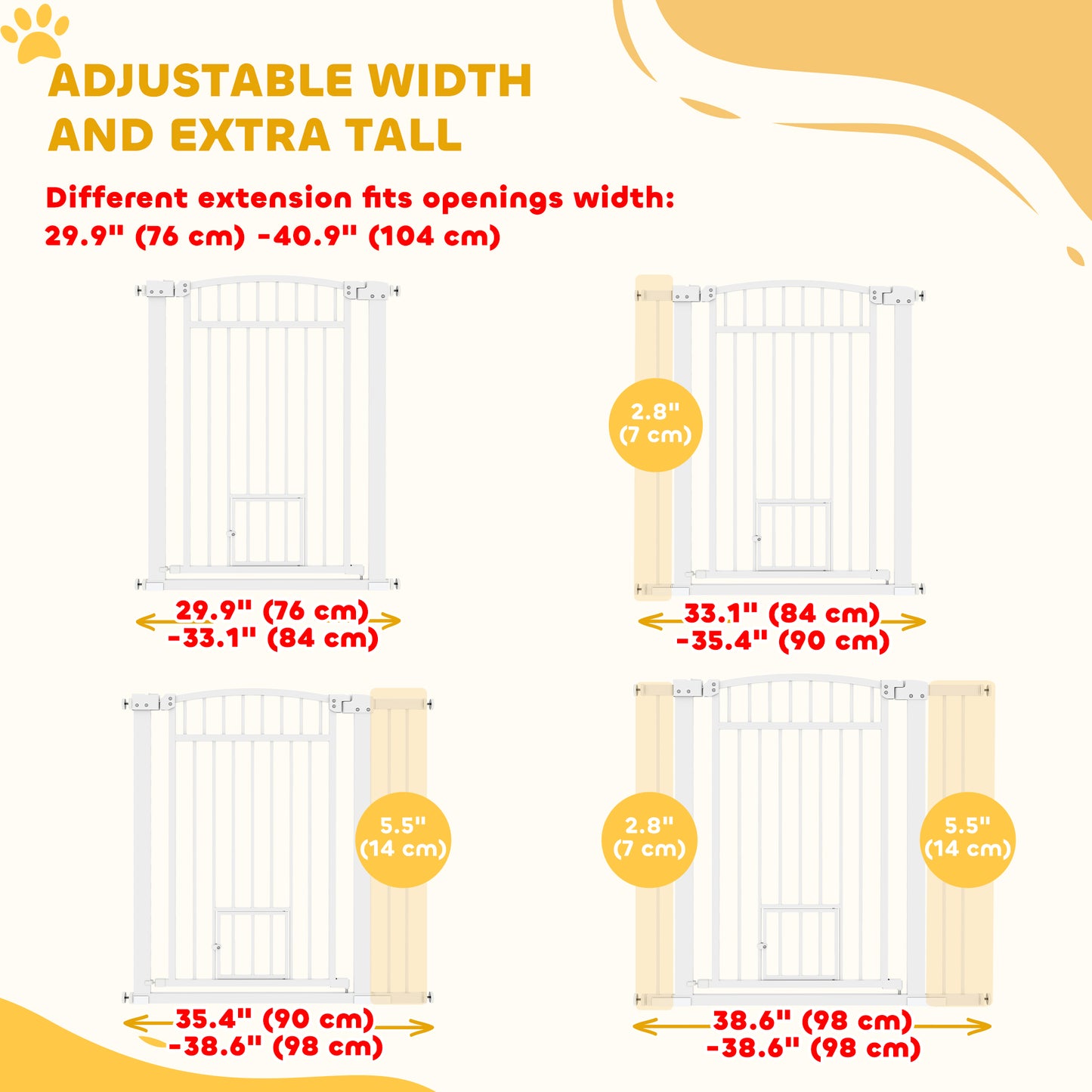 30"-41" Extra Wide Pet Gate with Small Door, 37" H Dog Gate with 3-Inch and 5.5-Inch Extension Kit