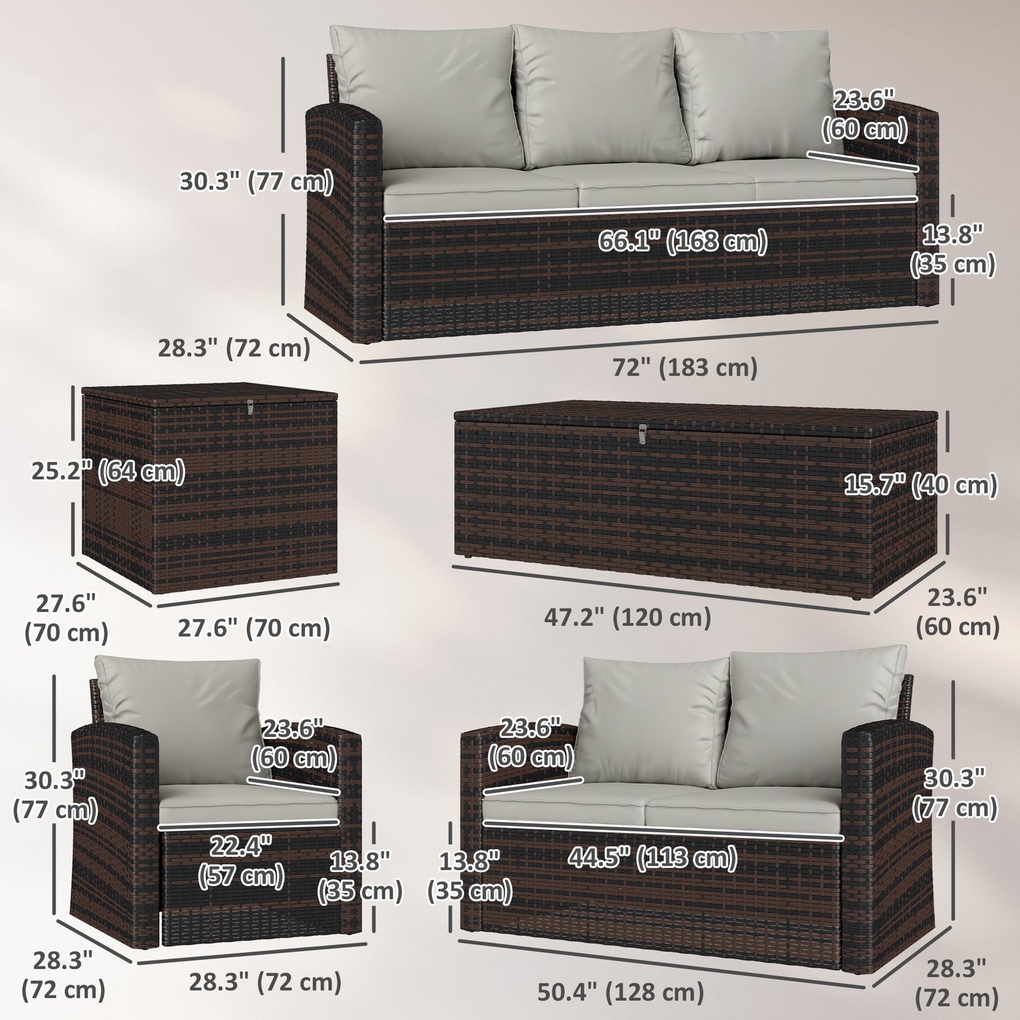 6 Pieces Wicker Patio Furniture Set with Cushions, 7-Seater Rattan Patio Sofa Set with Storage Coffee Table & Side Table, Sectional Outdoor Furniture Set, Cream White