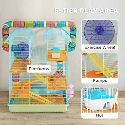 18.5" Hamster Cage, 5 Tiers Small Animal House with Tunnel Tube System, Exercise Wheel, Water Bottle, Light Blue