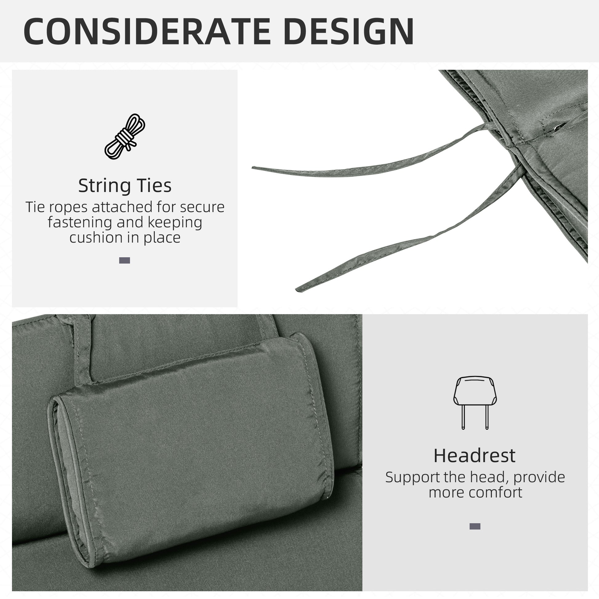 Garden Lounger Chair Cushion Replacement, Deep Seat Patio Cushions with Thick Padded, Headrest, Removable Cover, Cushion ONLY, Grey