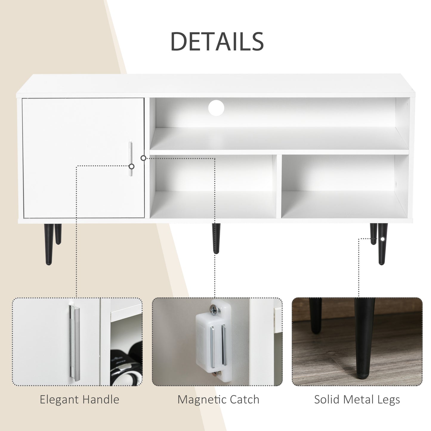 Modern TV Stand Cabinet for TVs up to 60 Inches with Storage Shelf, Cable Hole, Home Entertainment Unit Center, for Living Room Bedroom, White