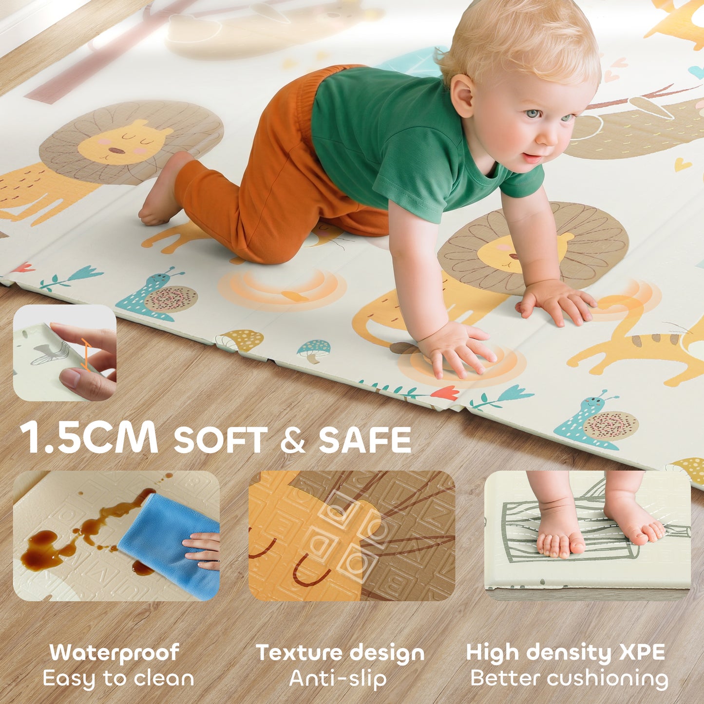 Qaba Double Sided Baby Play Mat, Reversible & Waterproof Foldable Crawling Mat, Animal Theme