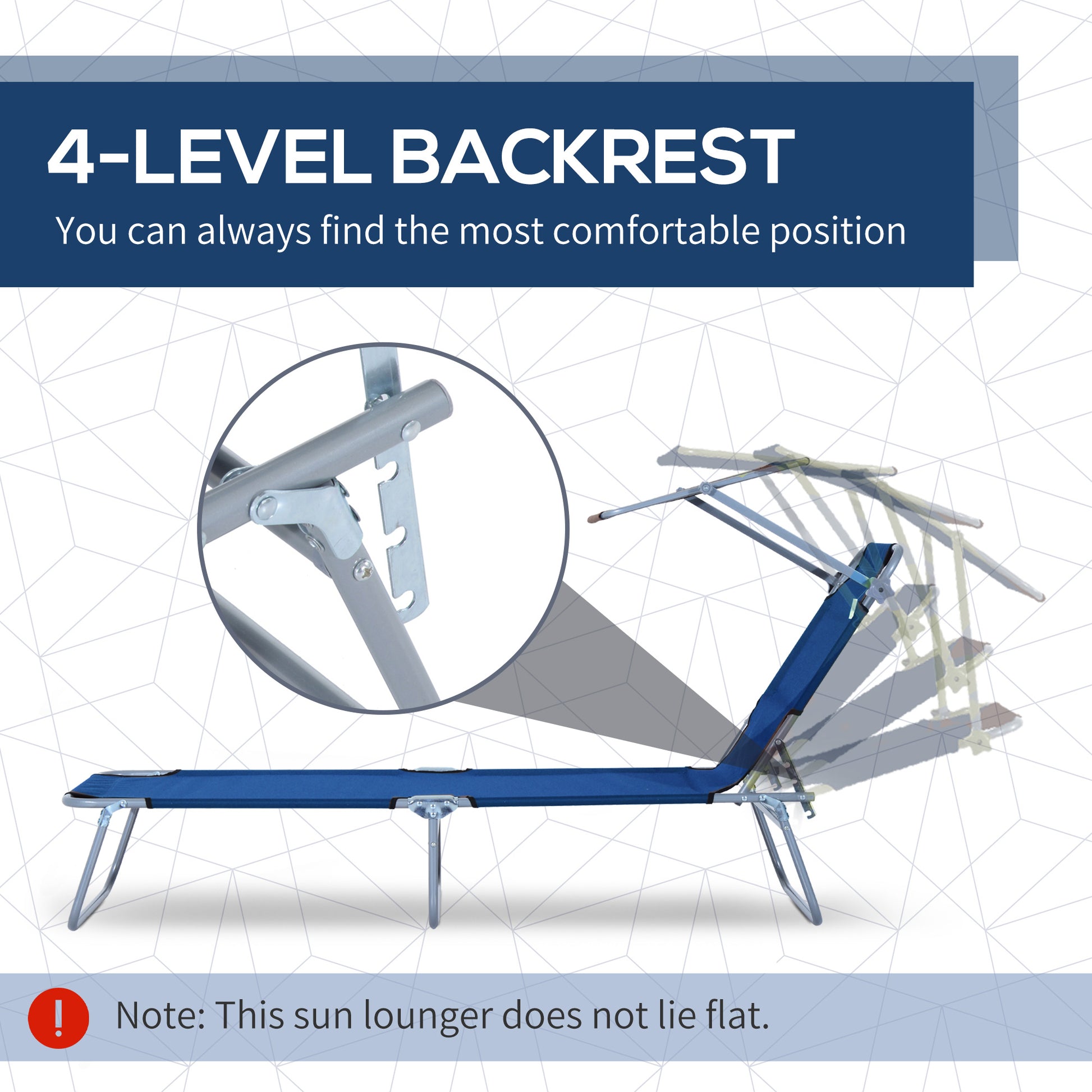 Outdoor Lounge Chair, Adjustable Folding Chaise Lounge, Tanning Chair with Sun Shade for Beach, Camping, Hiking, Backyard, Blue