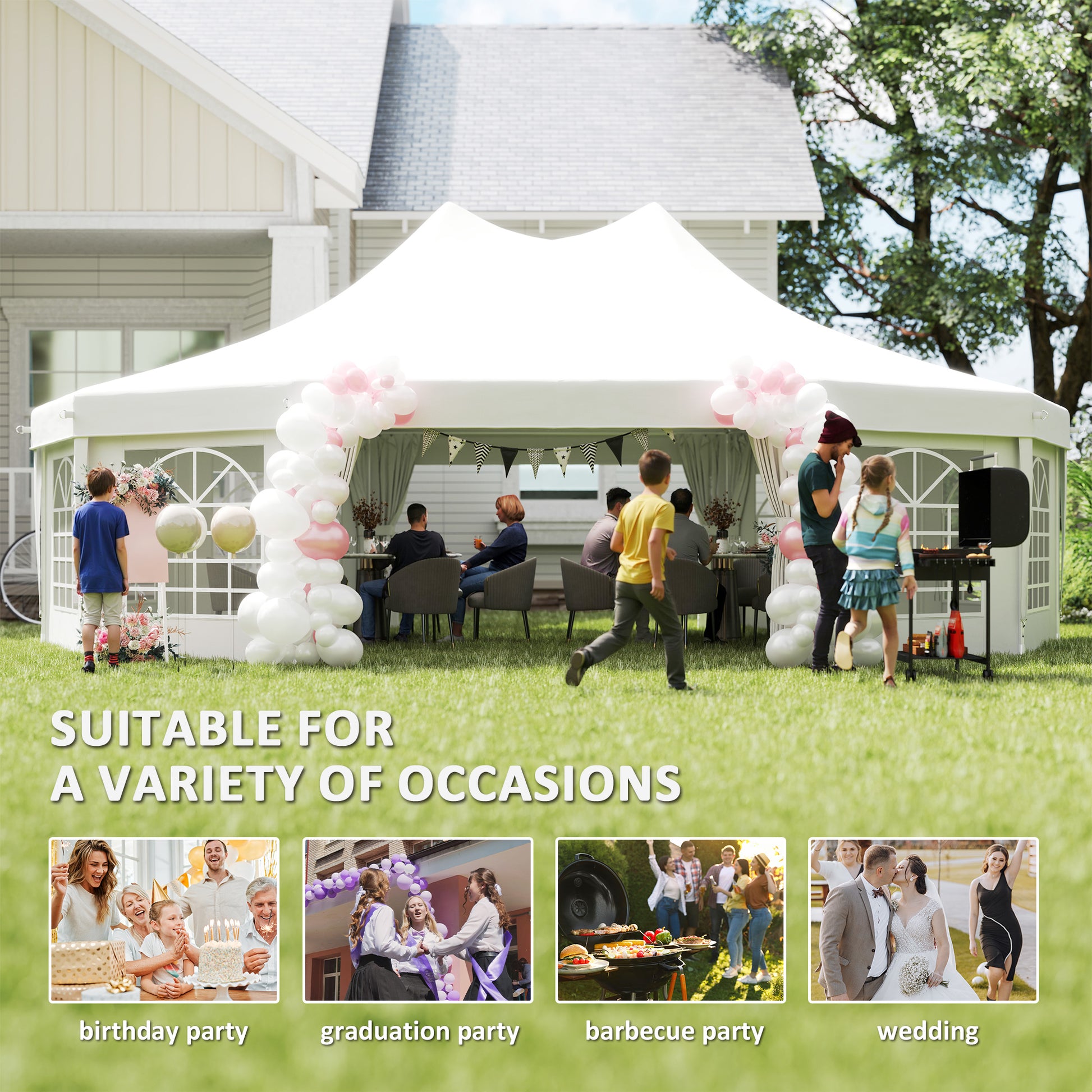 21' x 29' Wedding Event Party Tent, High Peak Decagonal Outdoor Gazebo Canopy with Removable Side Walls for Large Gatherings, White