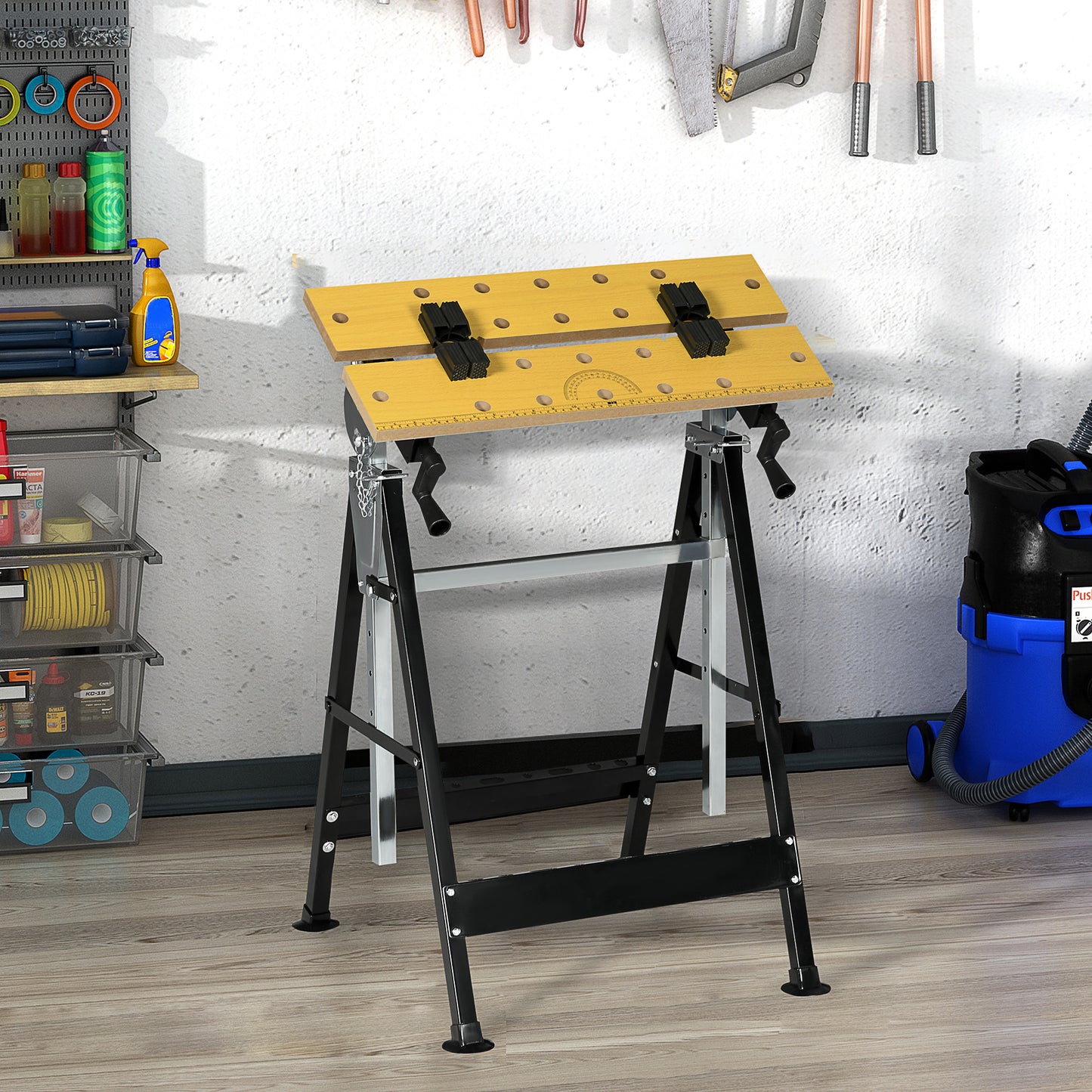 Portable Work Bench, Workshop Tool Stand with 6-Level Height Adjustable Work Table, Carpenter Saw Table with 4 Clamps, Steel Frame, 220lbs Capacity
