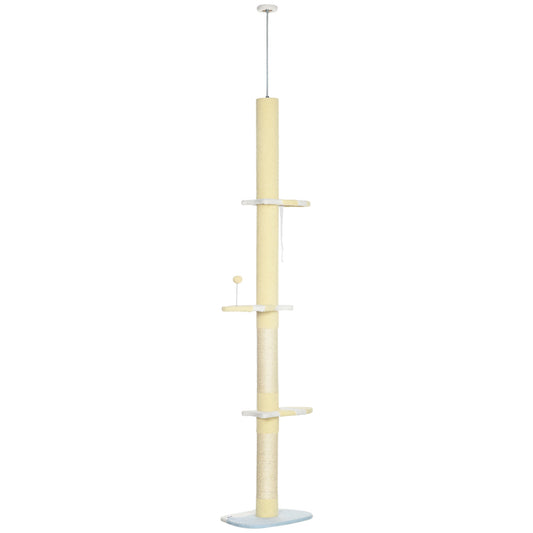 87"-102" Floor to Ceiling Cat Tree w/ Sisal Scratching Posts, Anti-tip Kit, Perches, Toy Ball, Yellow
