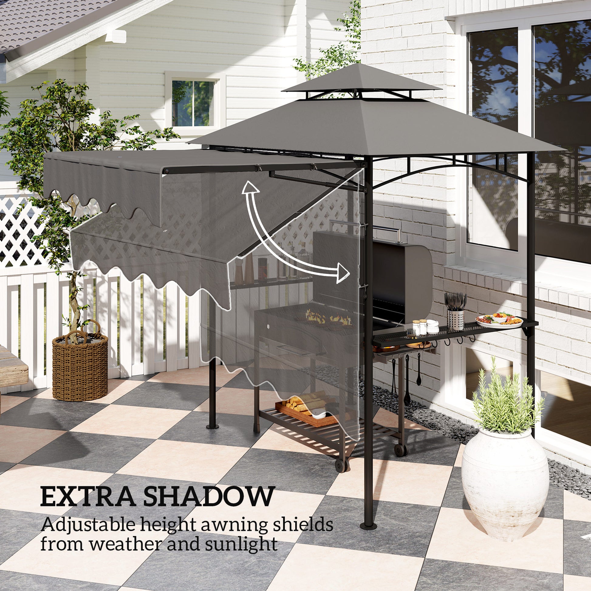 8' x 7.6' Grill Gazebo, Double Tiered Barbecue Grill Gazebo Shelter w/ Side Awning, 2 Side Shelves, 6 Hooks, Dark Grey