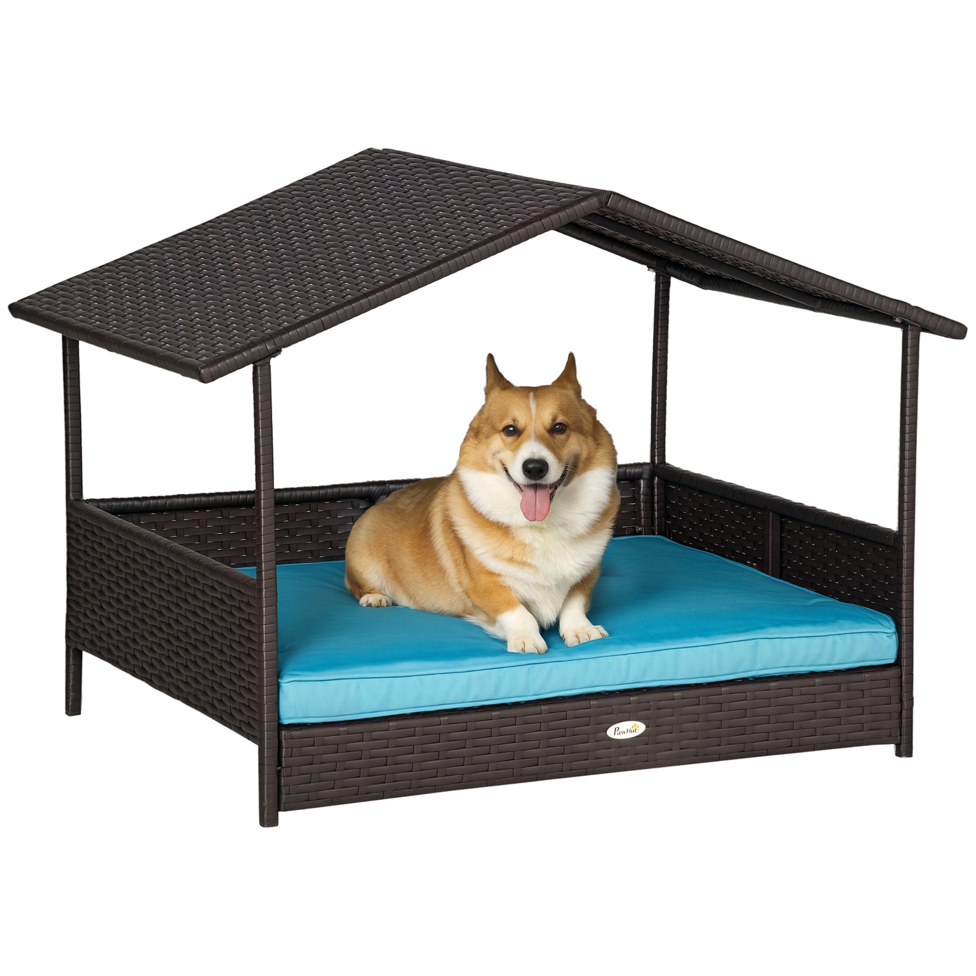 Rattan Dog House with Canopy, Wicker Dog Bed with Water-Resistant Cushion, for Small and Medium Breeds Blue