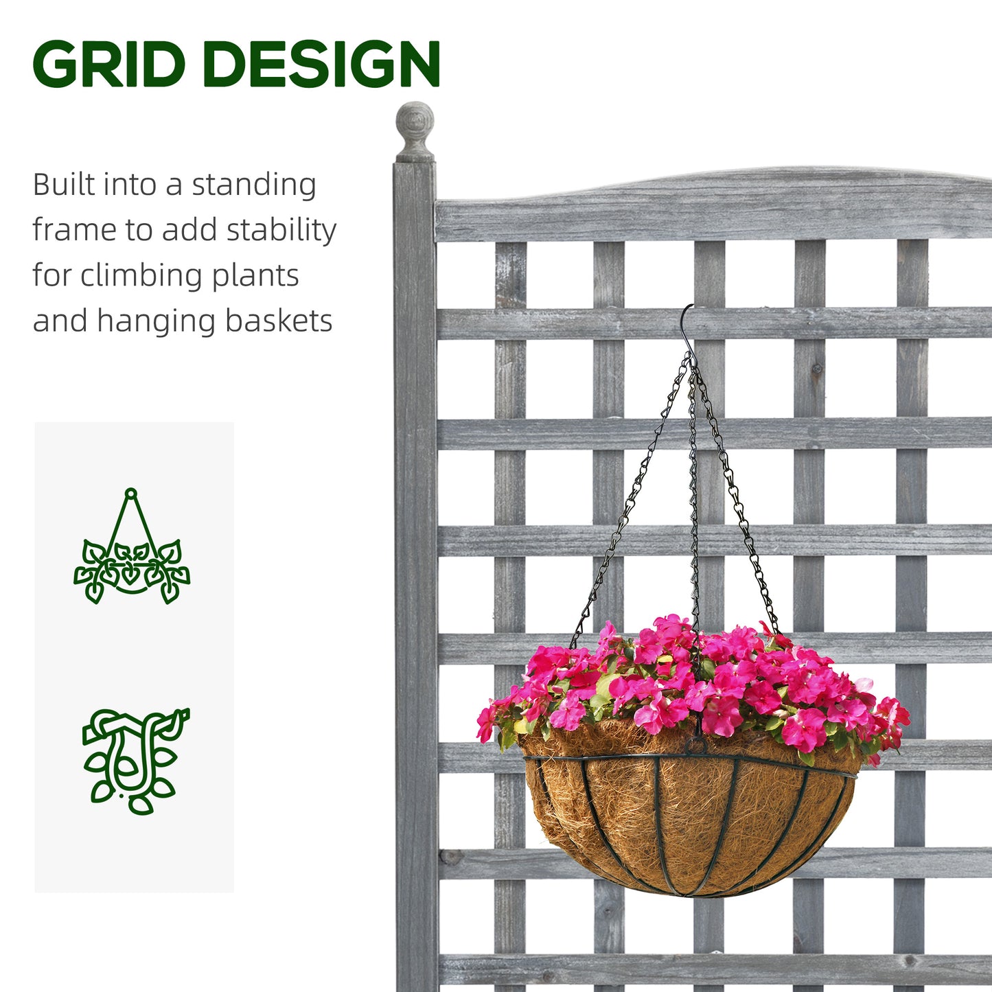 Raised Garden Bed with Trellis for Climbing Vines, 25.2" x 11" x 47.2" Wood Planter Box for Garden, Free Standing Flower Bed, Indoor Outdoor Display Rack, Grey