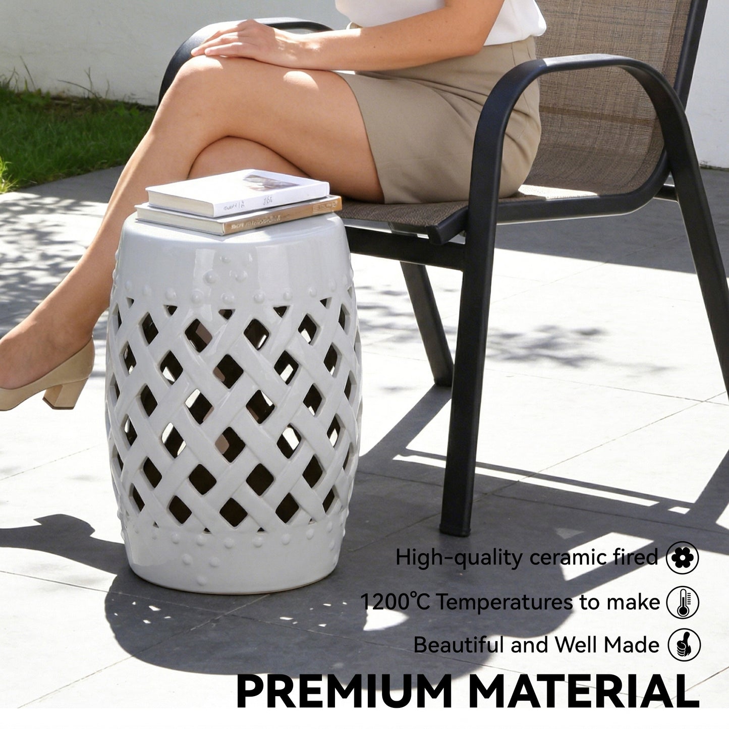 18" Ceramic Garden Stool with Woven Lattice Design, Indoor & Outdoor Decorative Accent Stool, White