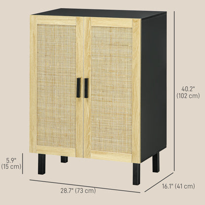 Boho Sideboard, Buffet Cabinet with Storage, Accent Cabinet with 2 Rattan Doors and Adjustable Shelves, Black