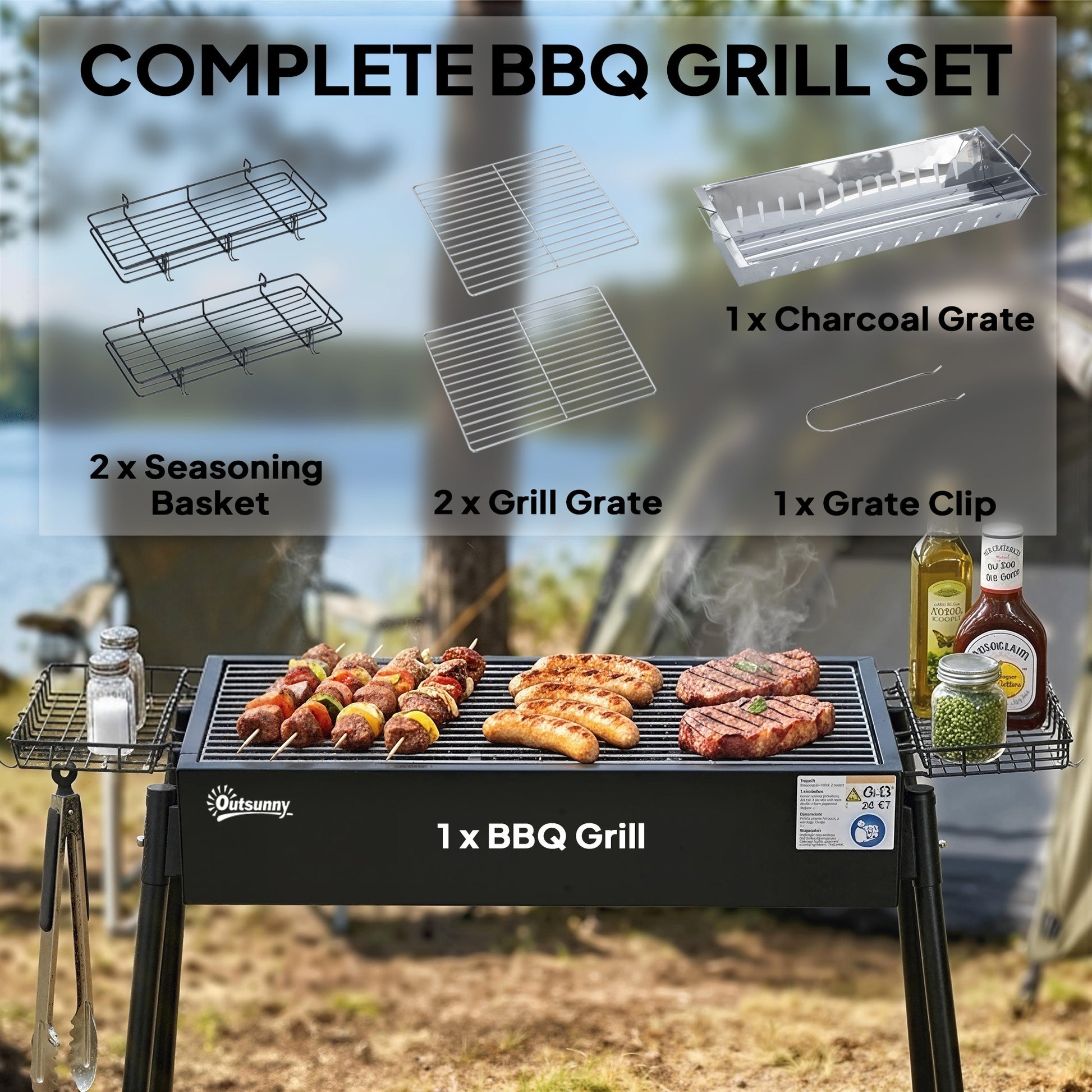 Portable BBQ Grill, Charcoal Grill with Side Seasoning Baskets, Hooks and Nets for Outdoor, Picnic, Camping, Black