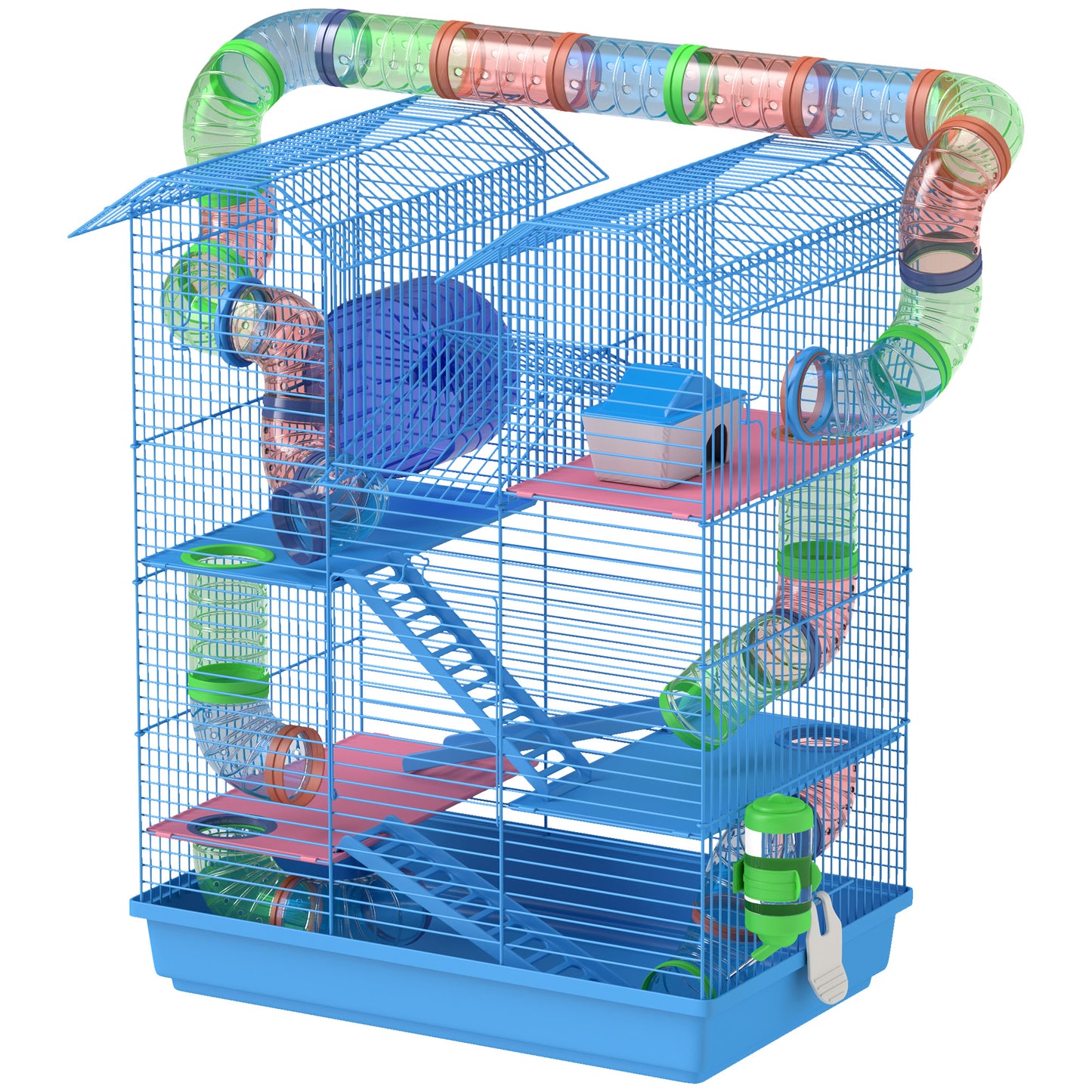 18.5" Hamster Cage, 5 Tiers Small Animal House with Tunnel Tube System, Exercise Wheel, Water Bottle, Blue