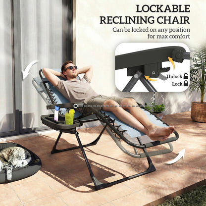 Zero Gravity Chair Set of 2, Folding Reclining Outdoor Lounge Chair with Cup Holder, Headrest, Light Grey
