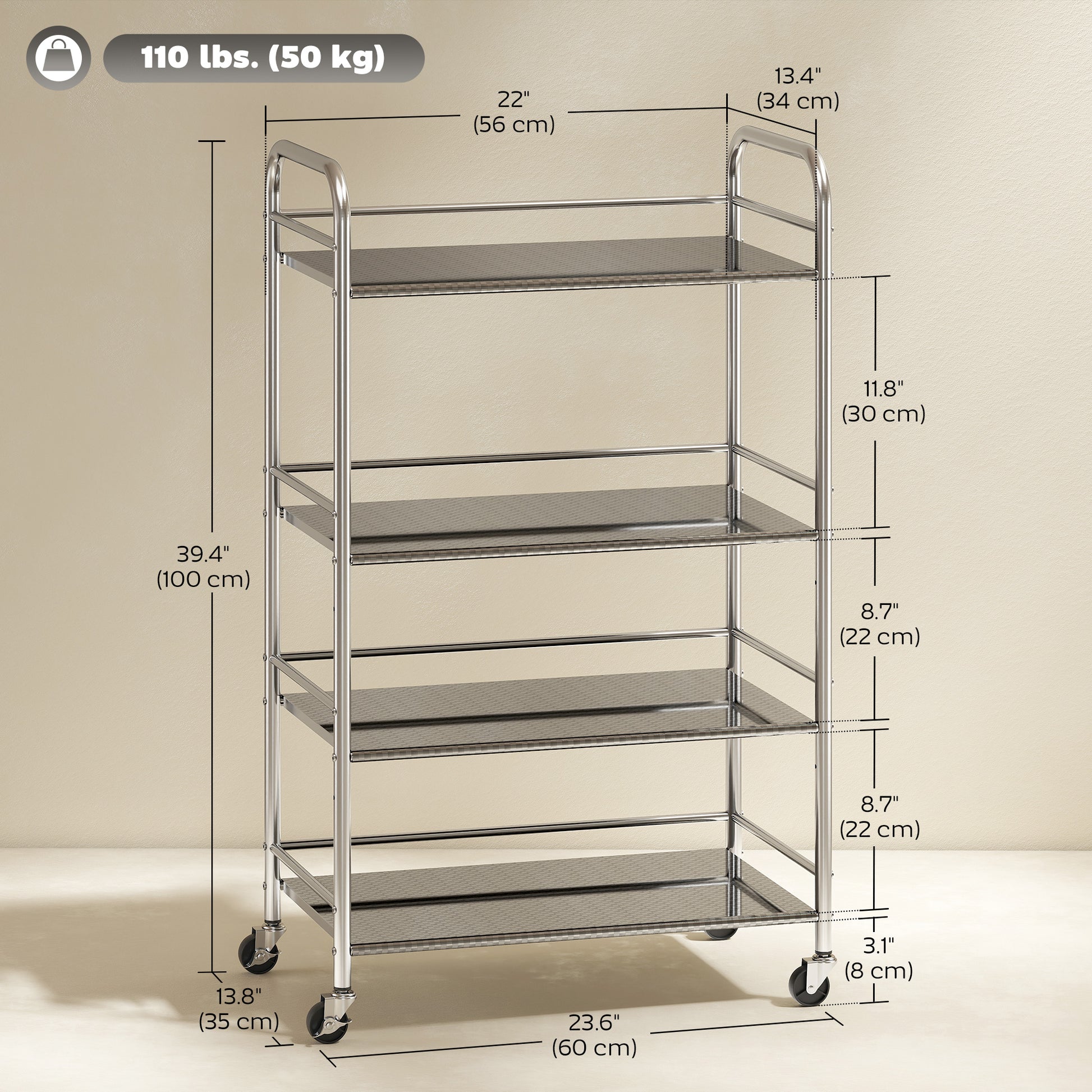 4 Tier Stainless Steel Rolling Cart with Adjustable Shelves, Utility Cart on Wheels with Handles for Kitchen, Silver