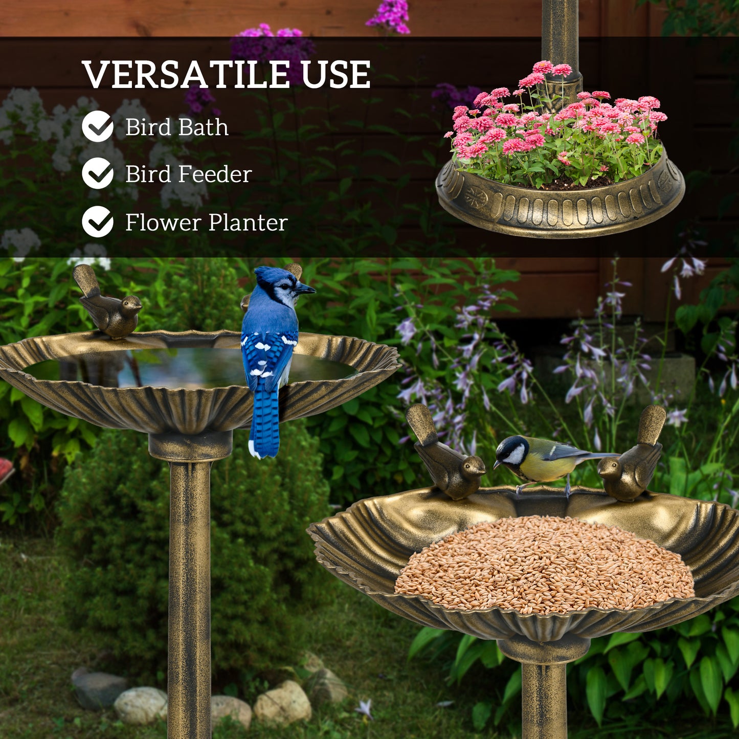 32" Bird Bath with Decorative Birds, Vintage Birdbath with Flower Planter Base for Garden, Bronze