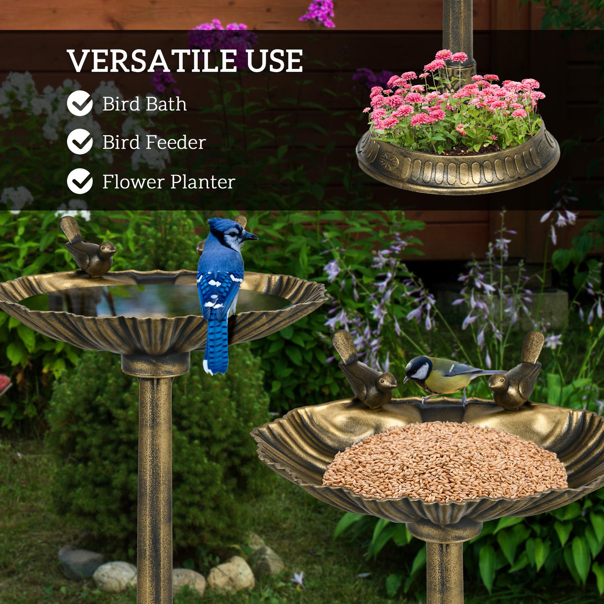 32" Bird Bath with Decorative Birds, Vintage Birdbath with Flower Planter Base for Garden, Bronze