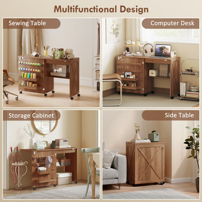 Sewing Machine Table on Wheels, Folding Craft Table with 2 Bins, Storage Shelf, 18 Pegs, Lockable Wheels, Brown