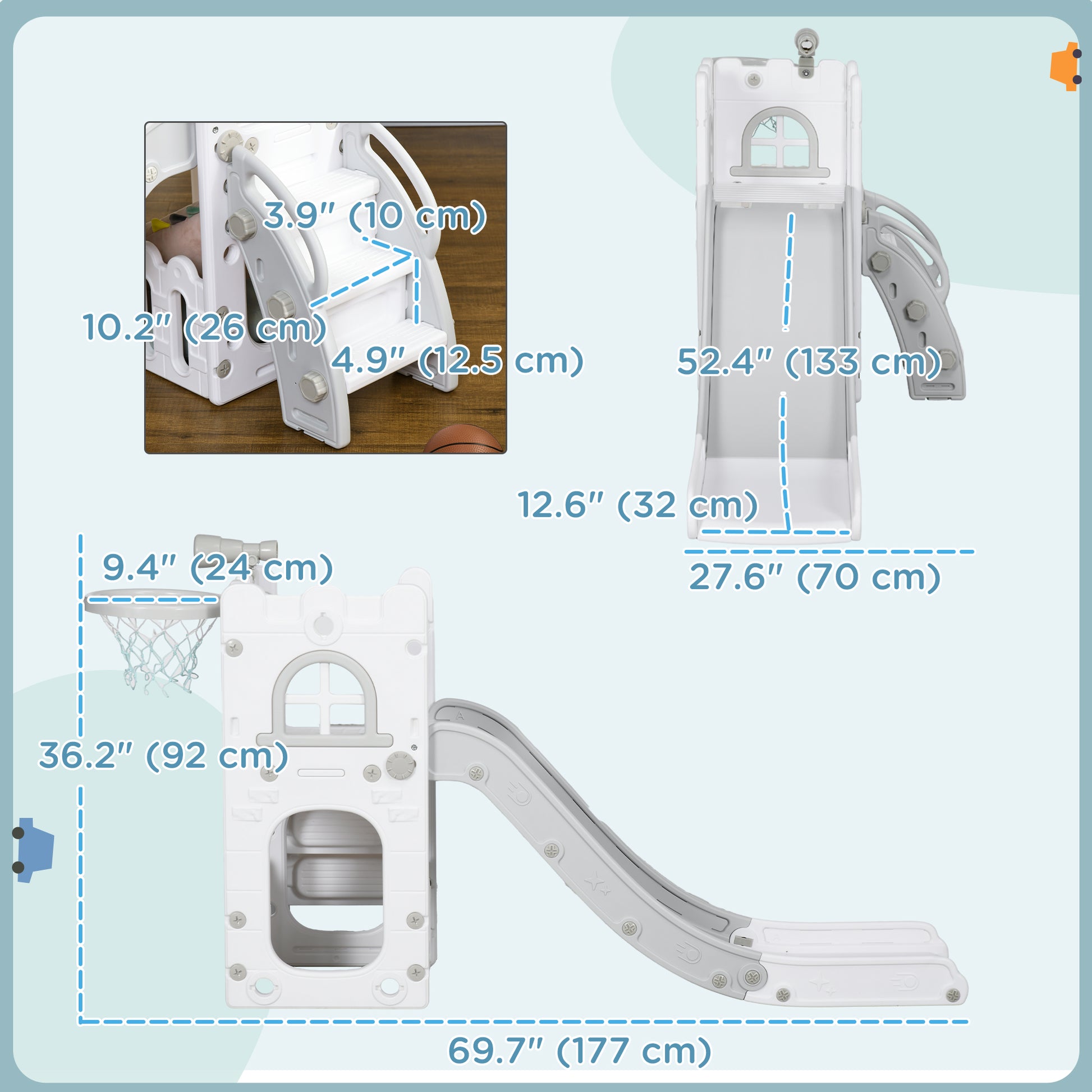 Qaba 5 in 1 Toddler Slide with Basketball Hoop, Climber, Telescope, Storage Basket, for 1-3 Years Kids Indoor Use, Grey