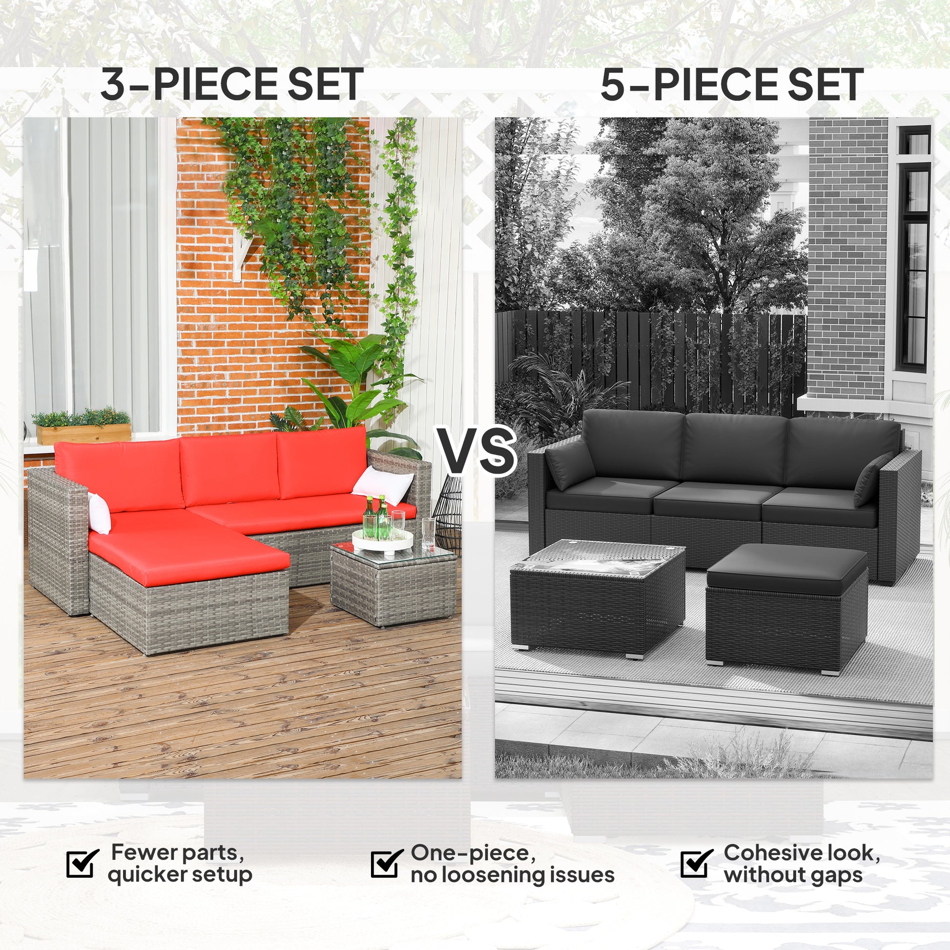 3pcs Modern Rattan Sofa Set, Wicker Patio Furniture Set with Coffee Table, Cushions, Pillows
