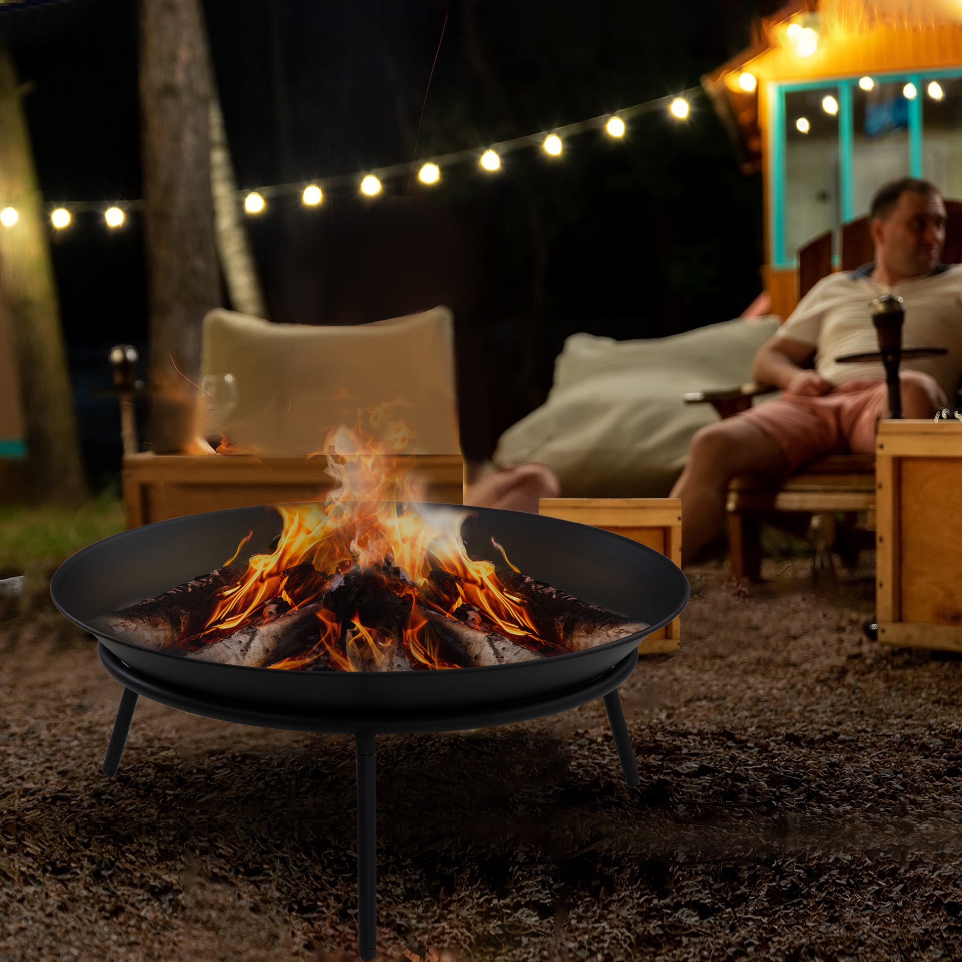 Fire Pit with Poker, Garden Fire Brazier Patio Heater Log Wood Burner for Outdoor Camping Bonfire, Black