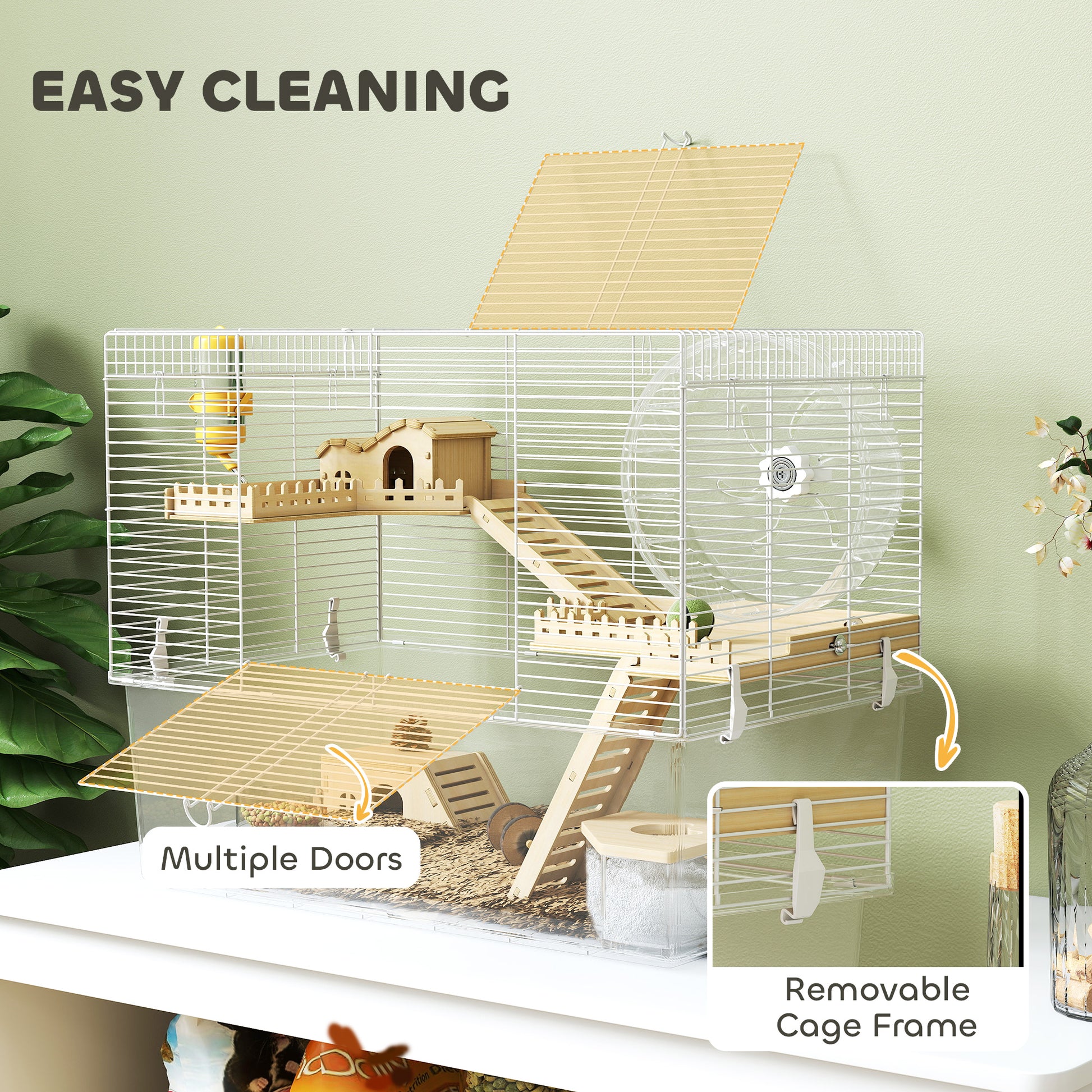 Hamster Cage with Deep Bottom, Wooden Ramp, Hut, Bathroom and Exercise Wheel for Hamster and Gerbil, White