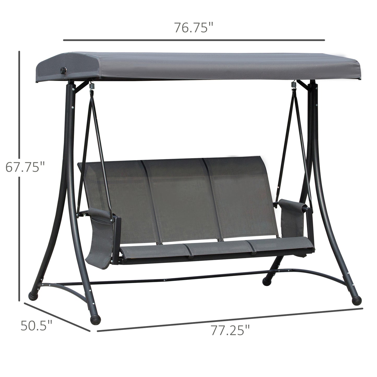 3 Person Porch Swing Outdoor Swing Chair with High Back Design, Side Pouches and Adjustable Canopy, Dark Grey