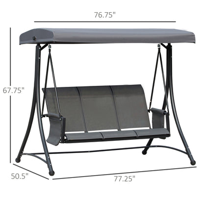 3 Person Porch Swing Outdoor Swing Chair with High Back Design, Side Pouches and Adjustable Canopy, Dark Grey