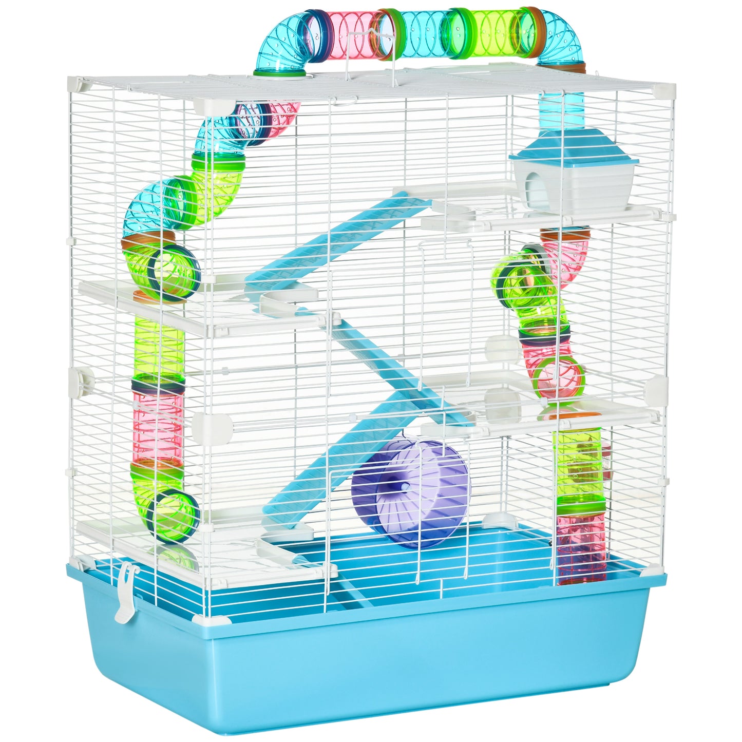 23" Large Hamster Cage, Small Animal House, 5-Level Gerbil Haven, Tunnel Tube System, with Water Bottle, Exercise Wheel, Food Dish, Ramps, 2 Doors, Light Blue