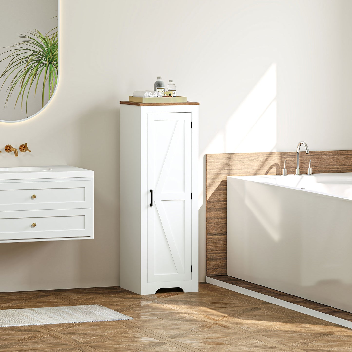 Farmhouse Accent Cabinet with Adjustable Shelf Barn Door Storage Cabinet for Living Room Floor Pantry Cabinet White