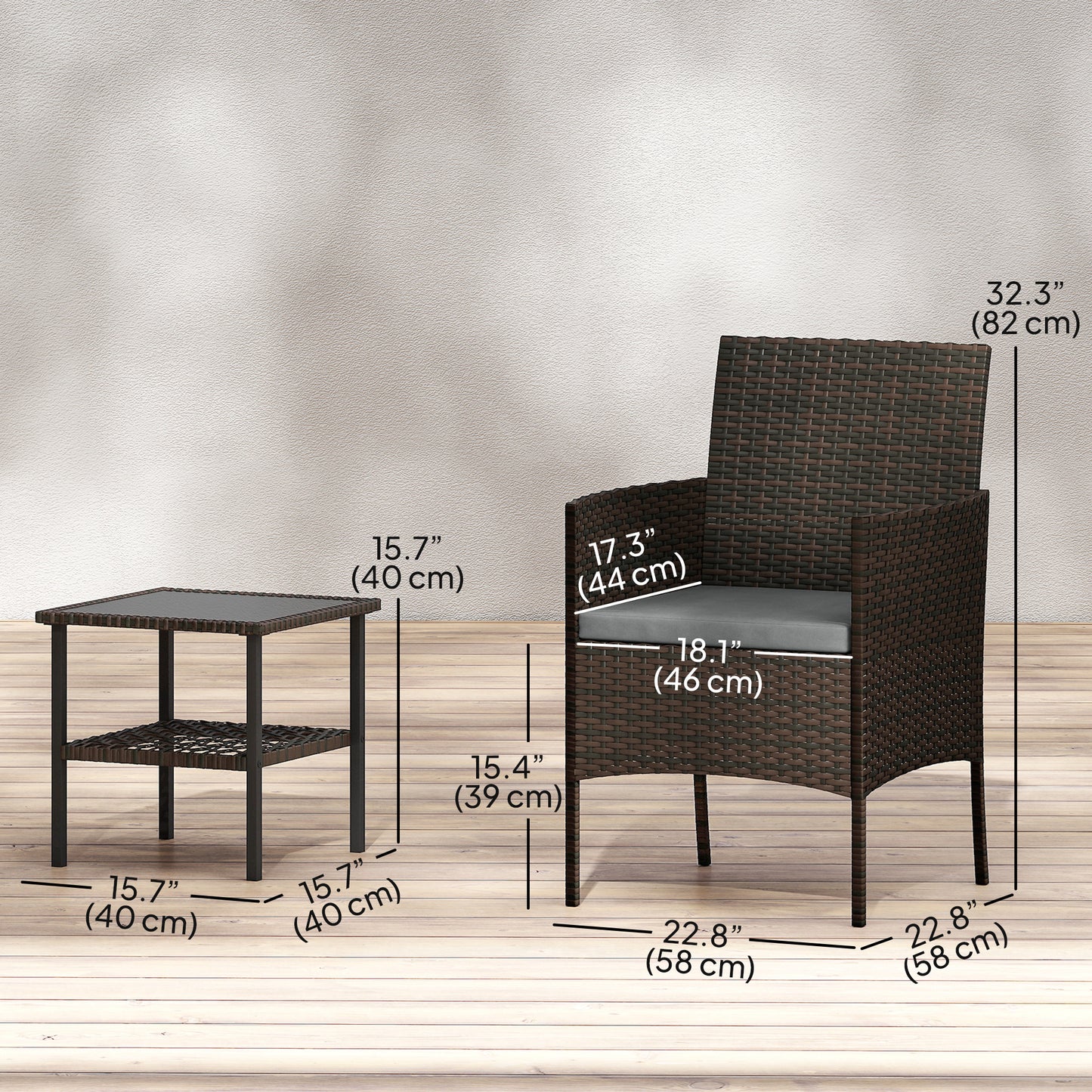 Wicker Bistro Set, 3 Piece Patio Furniture Set with 2-Tier Glass Top Table, Cushions for Balcony, Porch, Dark Grey