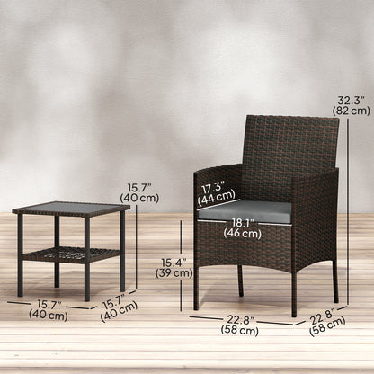 Wicker Bistro Set, 3 Piece Patio Furniture Set with 2-Tier Glass Top Table, Cushions for Balcony, Porch, Dark Grey