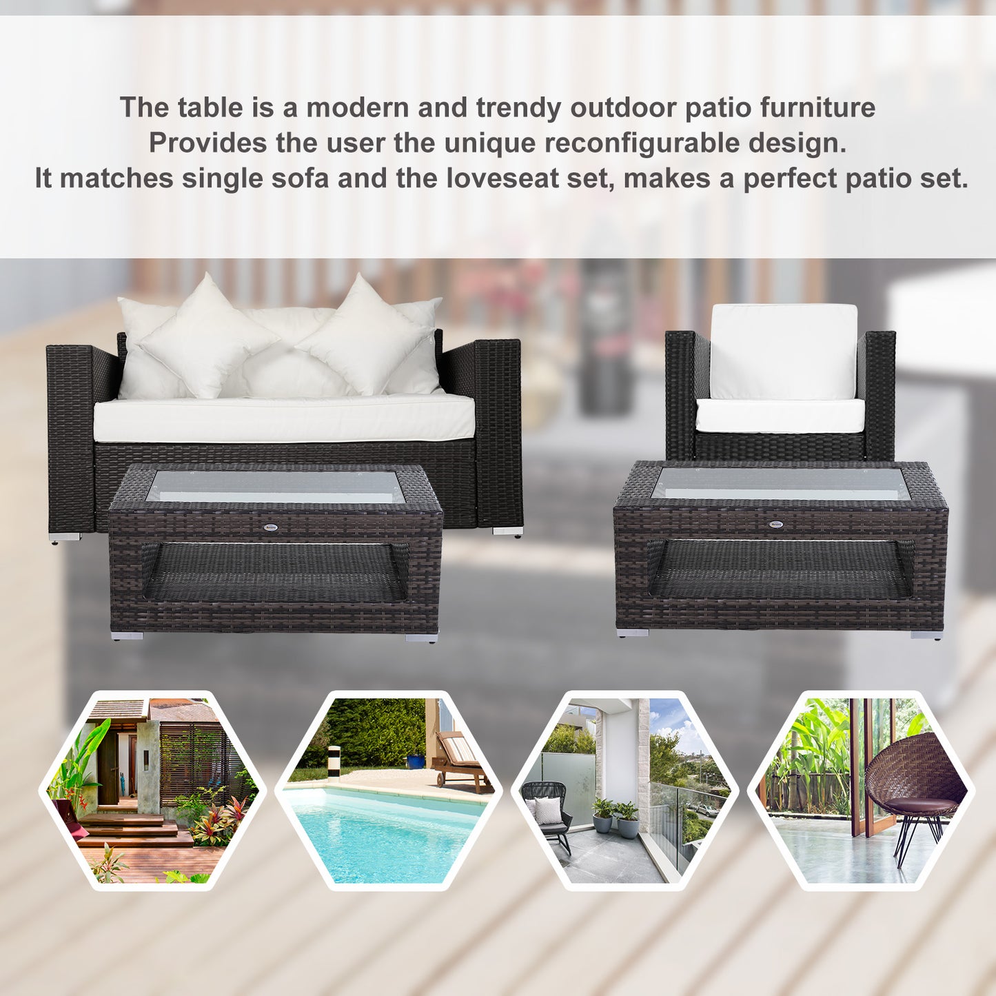2-Tier Rattan Patio Coffee Table Outdoor Side Table PE Wicker Patio Garden Tea End Desk with Tempered Glass Top & Storage for Balcony, Backyard, Poolside