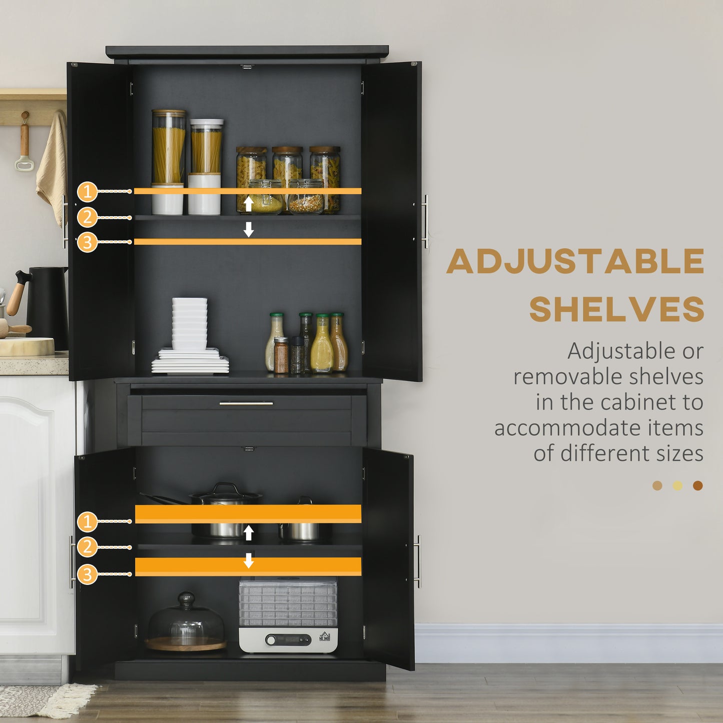 72" Kitchen Pantry Cabinet, Freestanding Storage Cabinet, 4-Door Cabinet with Drawer and Adjustable Shelves, Black