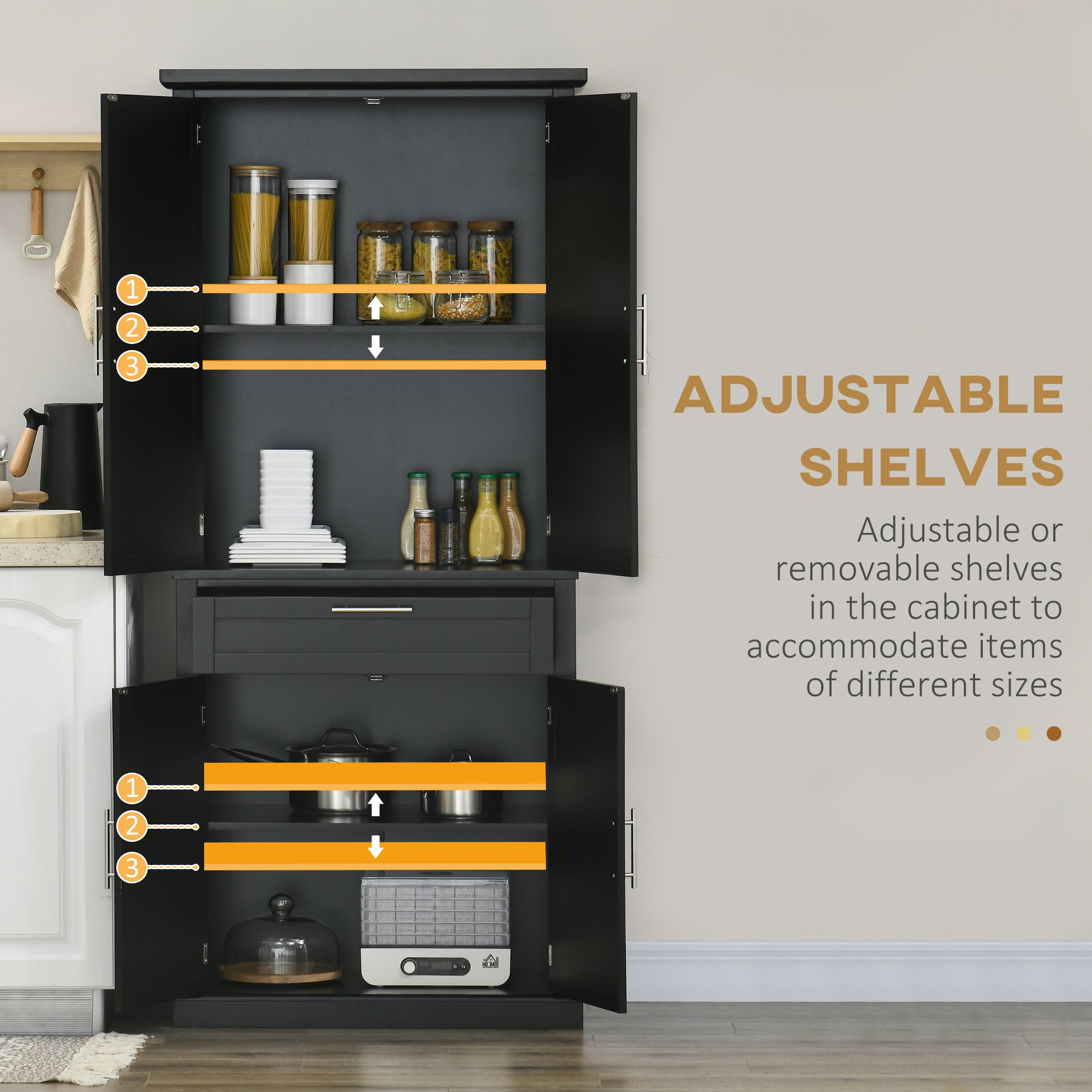 72" Kitchen Pantry Cabinet, Freestanding Storage Cabinet, 4-Door Cabinet with Drawer and Adjustable Shelves, Black