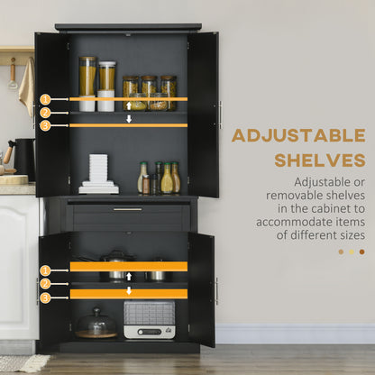 72" Kitchen Pantry Cabinet, Freestanding Storage Cabinet, 4-Door Cabinet with Drawer and Adjustable Shelves, Black