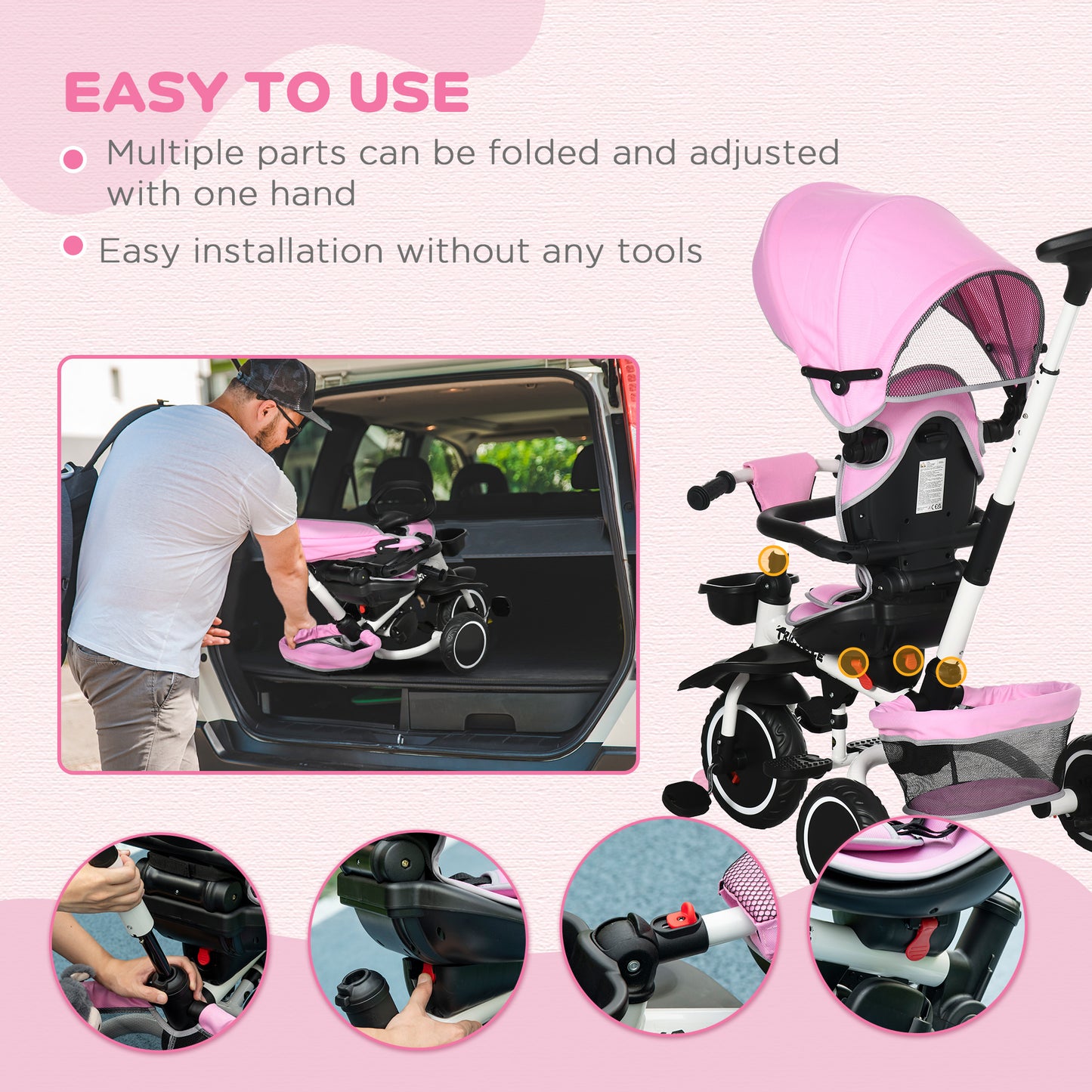 Aosom Tricycle for Toddler 6-in-1 Kids Trike, Foldable Converts Stroller to Baby Push Bike, Adjustable Backrest with Detachable Guardrail & Handle, Brake for 1-4 Years Old, Pink