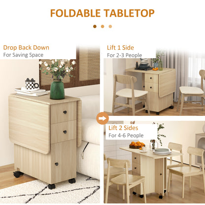 Drop Leaf Dining Table, Mobile Folding Table on Wheels with Drawers and Cabinet for Dining Room, Kitchen, Natural Wood