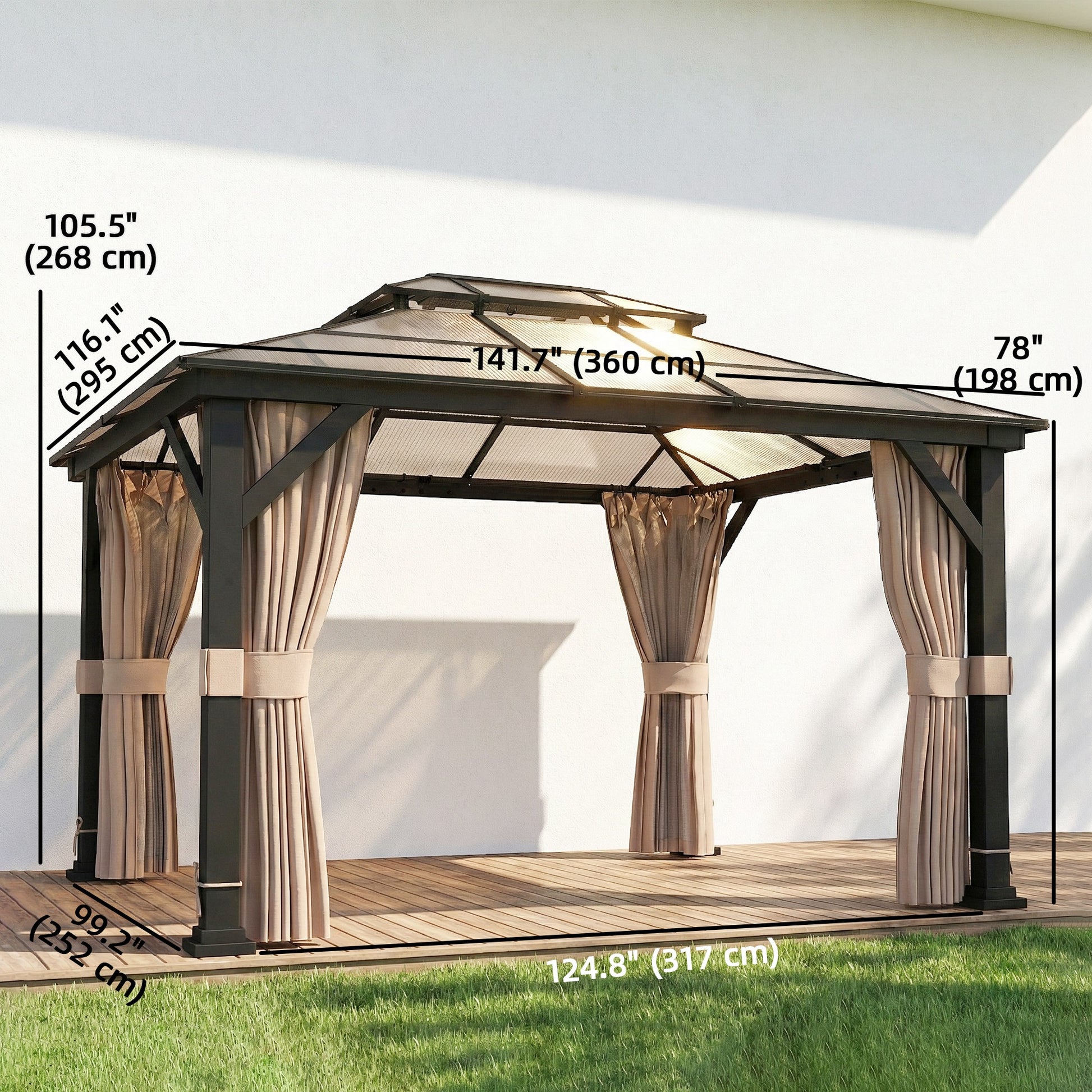 10' x 12' Hardtop Gazebo Canopy with Double PC Roof, Steel Permanent Outdoor Gazebo with Curtains and Netting, Khaki