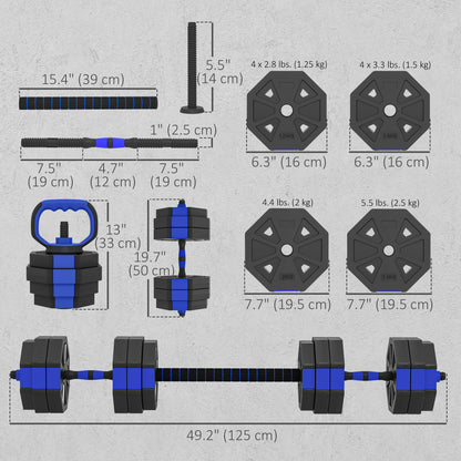 Soozier 6-in-1 Adjustable Dumbbell Set, Used as Kettlebell, Barbell, Dumbbell, Push-Up Stand, 66lbs Free Weights Set, Blue